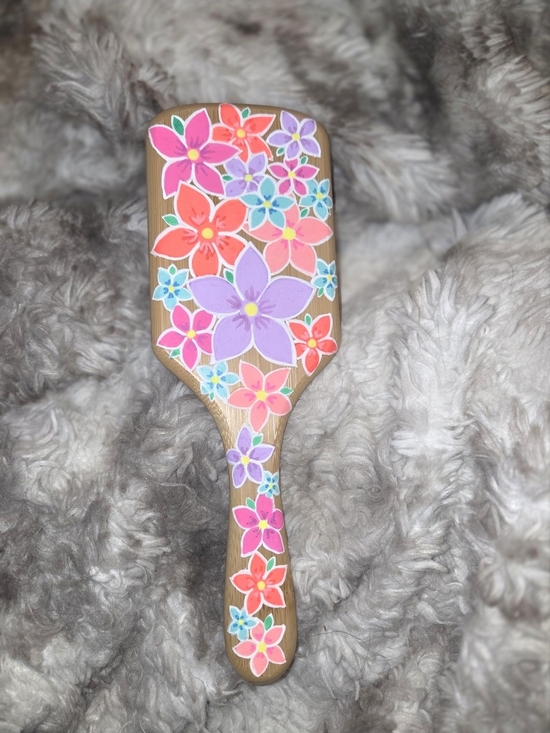 Hand-Painted Floral Paddle Brush - Pink, Purple, Coral, Blue